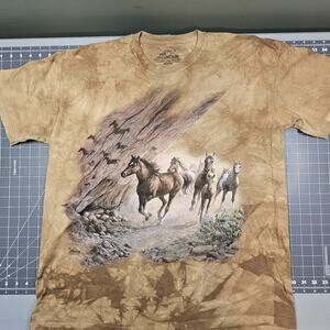 The Mountain Horses Tshirt XL Brown Tie Dye Y2K Streetwear Nature Cowboy Mustang